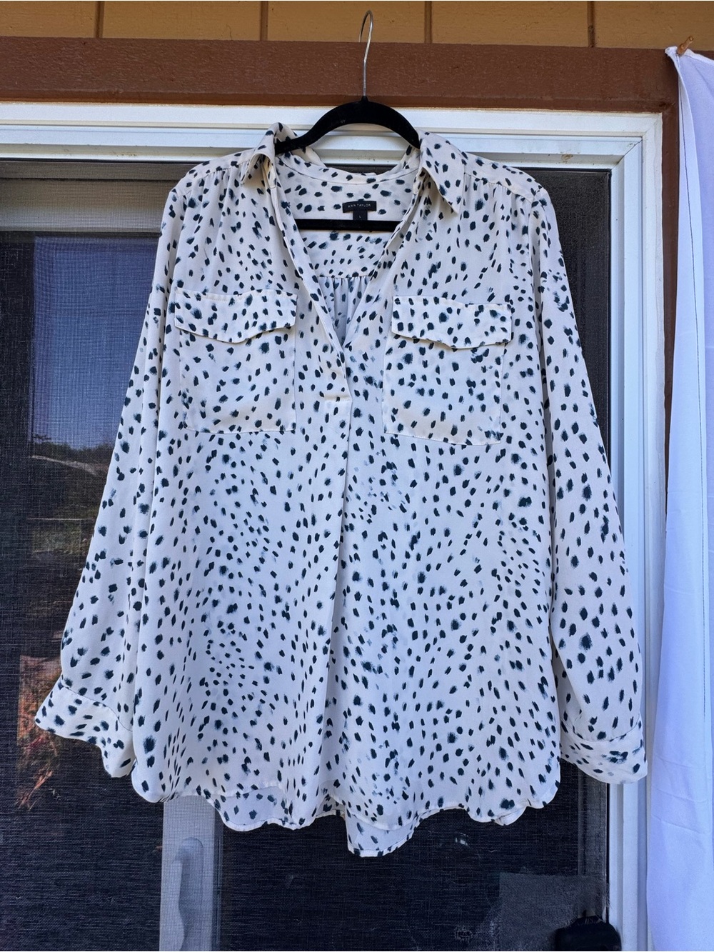Ann Taylor Cream Blouse with Artsy Blue Spot Print